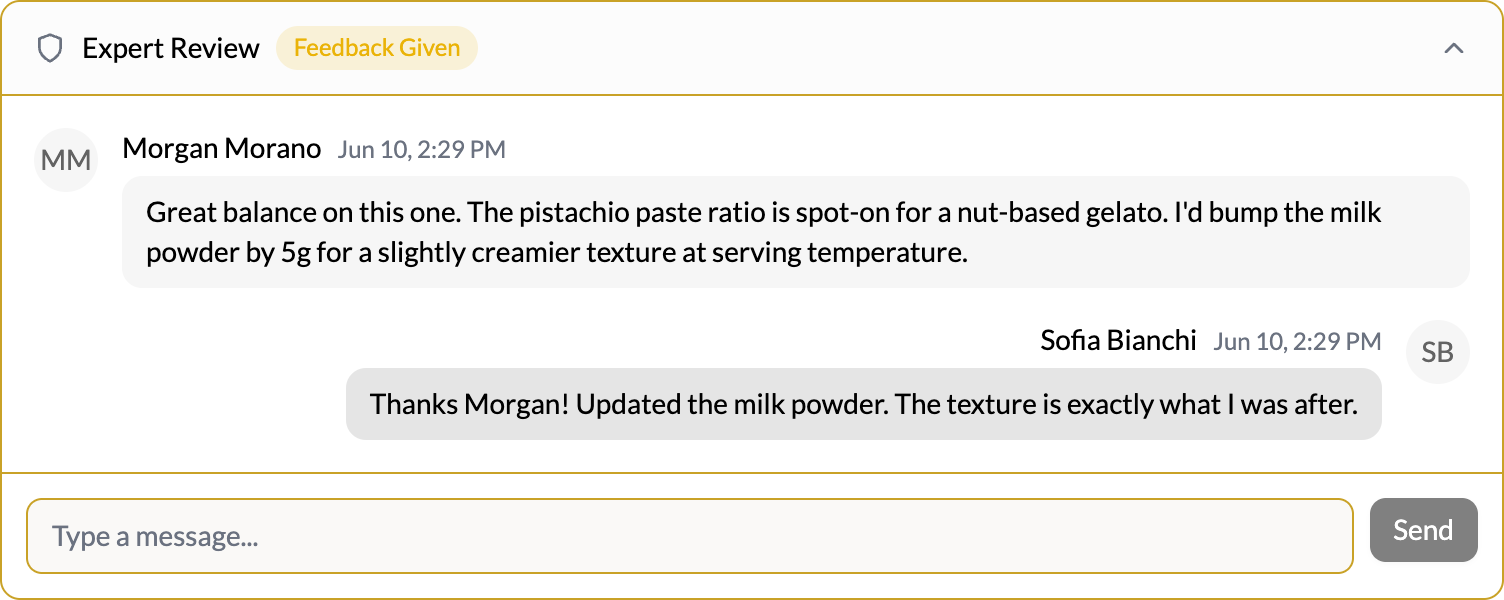 Expert review thread with formulation feedback from Morgan Morano and a reply from the recipe author