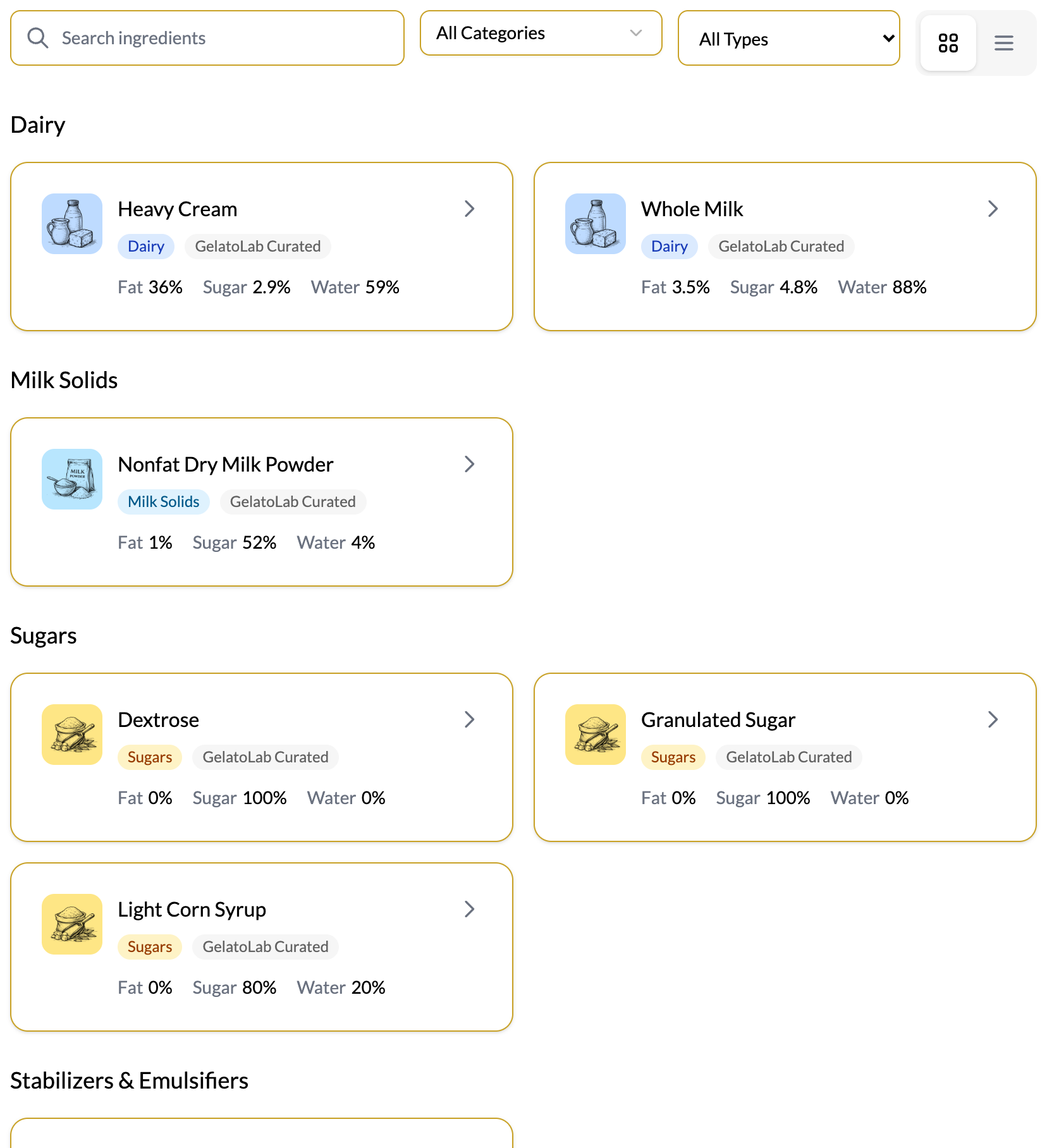 Curated ingredient library grouped by category, with fat, sugar, and water composition shown for each ingredient