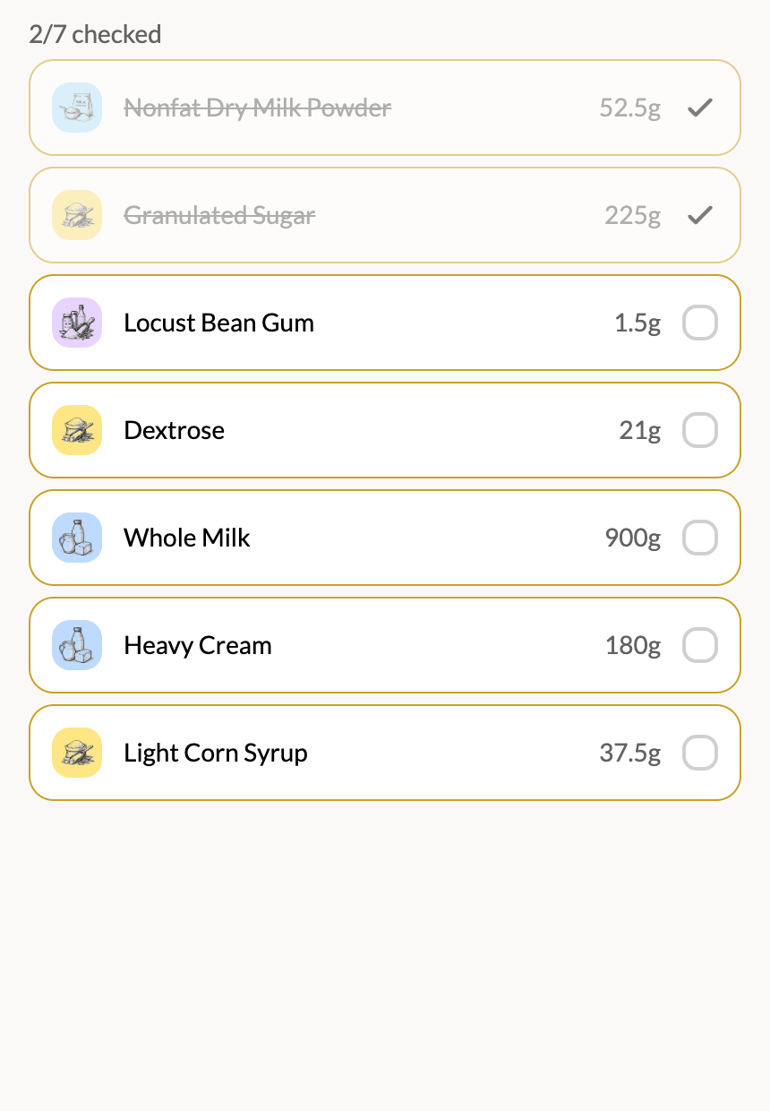 GelatoLab Making Mode on a phone showing a batch scaled to 1.5x and a per-ingredient checklist with two items checked off